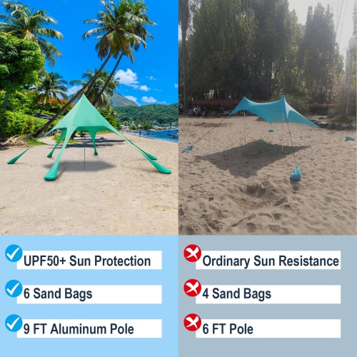 Topbuy 20 x 20 FT Beach Tent Beach Canopy w/ UPF50+ Sun Protection Carrying Bag & Sand Shovel Aluminum Pole & 6 Ground Stakes Blue/Green
