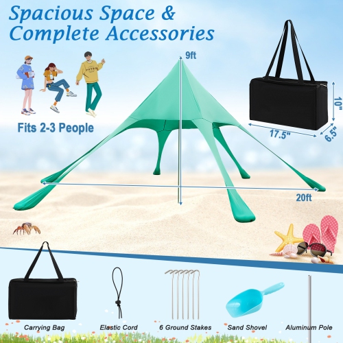 Topbuy 20 x 20 FT Beach Tent Beach Canopy w/ UPF50+ Sun Protection Carrying Bag & Sand Shovel Aluminum Pole & 6 Ground Stakes Blue/Green