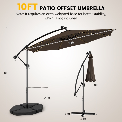 Topbuy 10FT Solar Offset Umbrella Tilted Cantilever Hanging Umbrella with 112 LED Lights Lighted Patio Sun Shade with Crank Handle