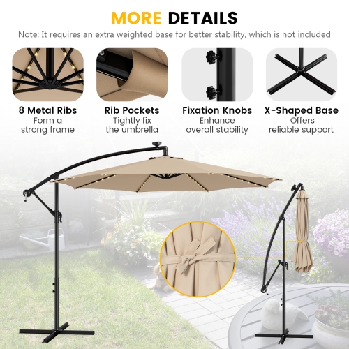 Topbuy 10FT Solar Offset Umbrella Tilted Cantilever Hanging Umbrella with 112 LED Lights Lighted Patio Sun Shade with Crank Handle