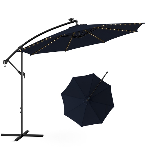 TOPBUY  10Ft Solar Offset Umbrella Tilted Cantilever Hanging Umbrella \w 112 Led Lights Lighted Patio Sun Shade \w Crank Handle Beige/coffee/navy/wine
