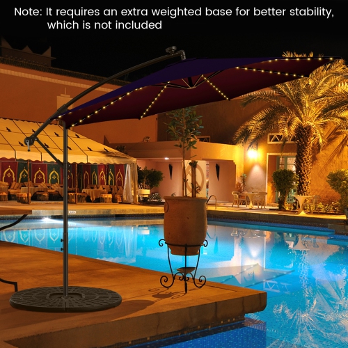 Topbuy 10FT Solar Offset Umbrella Tilted Cantilever Hanging Umbrella with 112 LED Lights Lighted Patio Sun Shade with Crank Handle