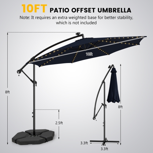 Topbuy 10FT Solar Offset Umbrella Tilted Cantilever Hanging Umbrella with 112 LED Lights Lighted Patio Sun Shade with Crank Handle