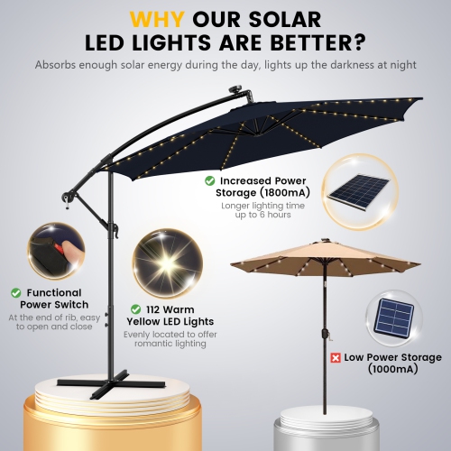 Topbuy 10FT Solar Offset Umbrella Tilted Cantilever Hanging Umbrella with 112 LED Lights Lighted Patio Sun Shade with Crank Handle