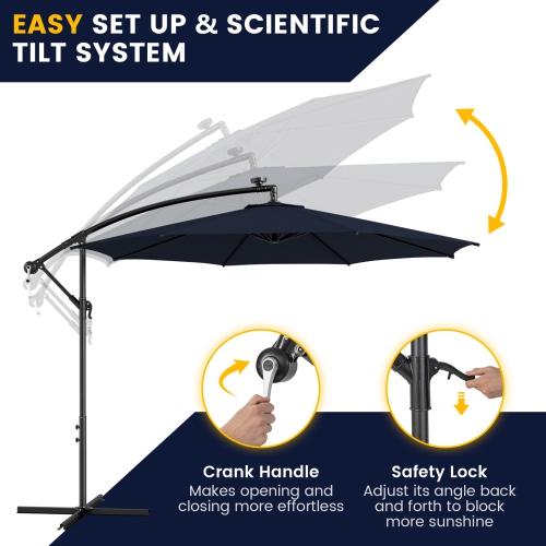 Topbuy 10FT Solar Offset Umbrella Tilted Cantilever Hanging Umbrella with 112 LED Lights Lighted Patio Sun Shade with Crank Handle