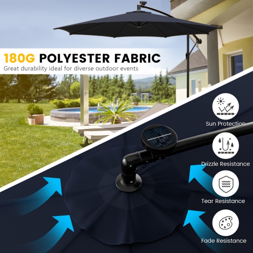 Topbuy 10FT Solar Offset Umbrella Tilted Cantilever Hanging Umbrella with 112 LED Lights Lighted Patio Sun Shade with Crank Handle