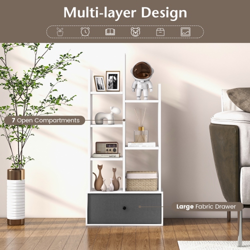 Topbuy Tree Shaped Bookcase with Drawer Free Standing Bookshelf with 7 Open Storage Shelves Tall Display Rack with Bookshelves Brown/White