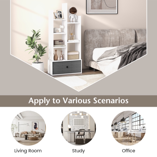 Topbuy Tree Shaped Bookcase with Drawer Free Standing Bookshelf with 7 Open Storage Shelves Tall Display Rack with Bookshelves Brown/White