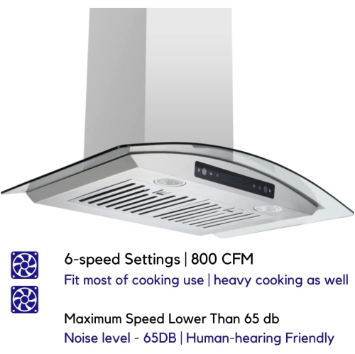 Hotte murale en acier inoxydable de 30 po de 800 pi3/min Amsterdam de VESTA avec commande tactile/gestuelle à 6 vitesses, évent rond de 6 po, filtres