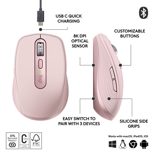Logitech MX Anywhere 3S Wireless Compact Darkfield Mouse - Rose