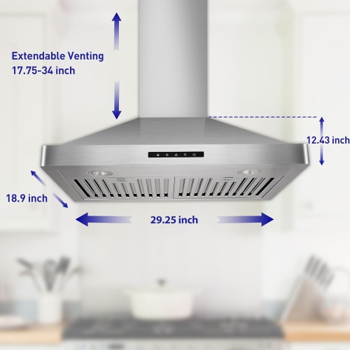 Vesta Milan 800CFM Stainless Steel European Style Wall Mount Range Hood With LED Lights, Touch Screen, And Round Front Edges