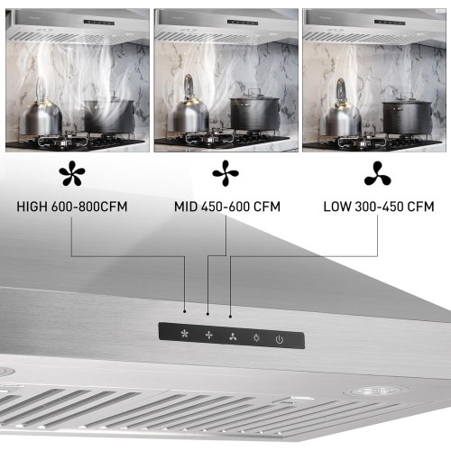 Vesta Milan 800CFM Stainless Steel European Style Wall Mount Range Hood With LED Lights, Touch Screen, And Round Front Edges