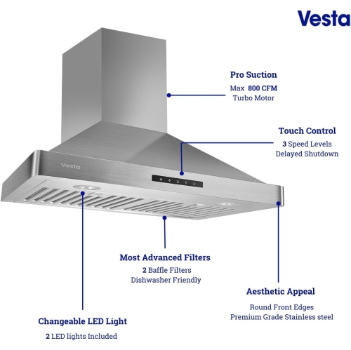 Vesta Milan 800CFM Stainless Steel European Style Wall Mount Range Hood With LED Lights, Touch Screen, And Round Front Edges