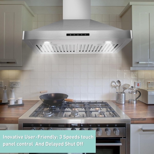 Vesta Milan 800CFM Stainless Steel European Style Wall Mount Range Hood With LED Lights, Touch Screen, And Round Front Edges