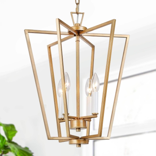 Lustre moderne à cage rétro, luminaire suspendu géométrique doré antique à 3 lampes pour salle à manger