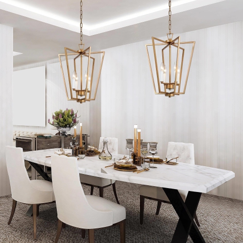 Lustre moderne à cage rétro, luminaire suspendu géométrique doré antique à 3 lampes pour salle à manger