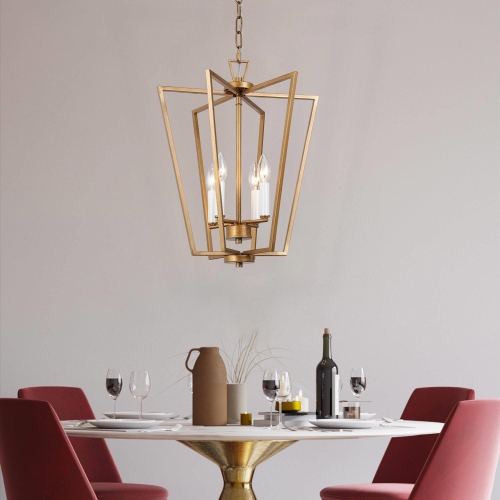 Lustre moderne à cage rétro, luminaire suspendu géométrique doré antique à 3 lampes pour salle à manger