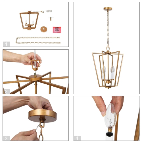 Lustre moderne à cage rétro, luminaire suspendu géométrique doré antique à 3 lampes pour salle à manger