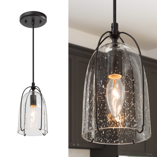 UOLFIN  Modern Bedroom Pendant Light, 1-Light Farmhouse Cage Dining Room Mini Pendant Light In Black