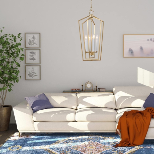 Gold Cage Pendant Light, Modern 4-Light Gold Geometric Dining Room Chandelier Pendant Light with Candle Style