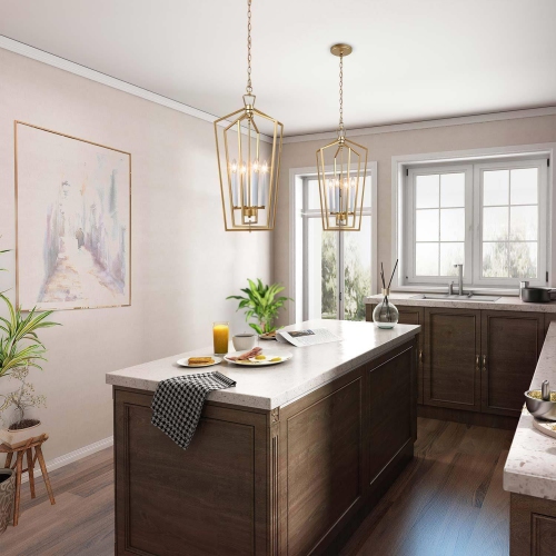 Gold Cage Pendant Light, Modern 4-Light Gold Geometric Dining Room Chandelier Pendant Light with Candle Style