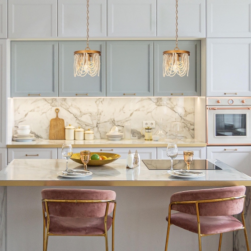 Lustre perlé Empire de ferme moderne, lustre Boho transitionnel à 4 lumières avec perles en bois blanc