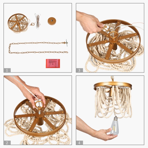 Lustre perlé Empire de ferme moderne, lustre Boho transitionnel à 4 lumières avec perles en bois blanc