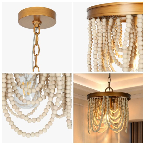 Lustre perlé Empire de ferme moderne, lustre Boho transitionnel à 4 lumières avec perles en bois blanc