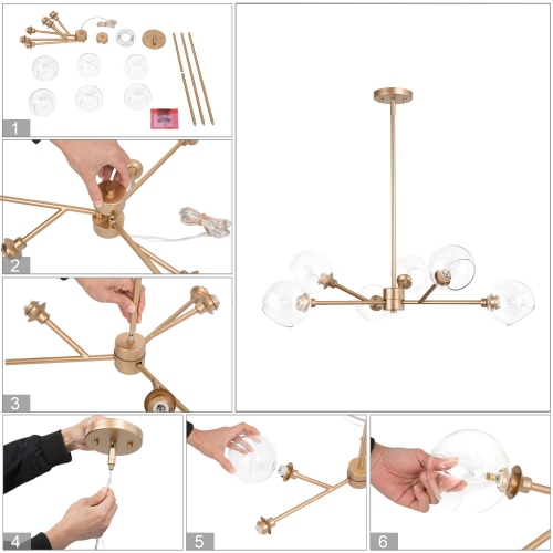 Modern Gold Dining Room Chandelier, 31.5 in. 6-Light Farmhouse Sputnik Bedroom Chandelier