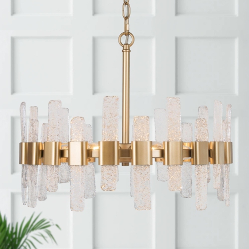 UOLFIN  Modern Kitchen Chandelier, 6-Light Farmhouse Dining Room Ceiling Light With Icing Glass Strips In Gold