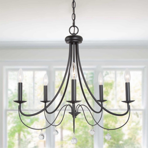 Modern Dining Room Candlestick Chandelier 5-Light Black Chandelier with Crystal Drops