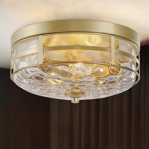 Modern Round Flush Mount Light 3-Light Gold Drum Ceiling Light with Water-Ripple Glass Shade