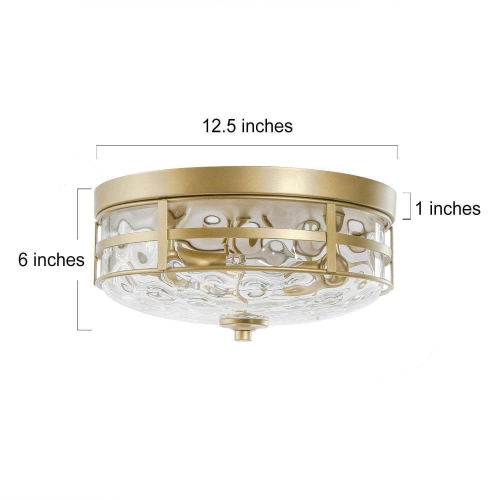 Modern Round Flush Mount Light 3-Light Gold Drum Ceiling Light with Water-Ripple Glass Shade