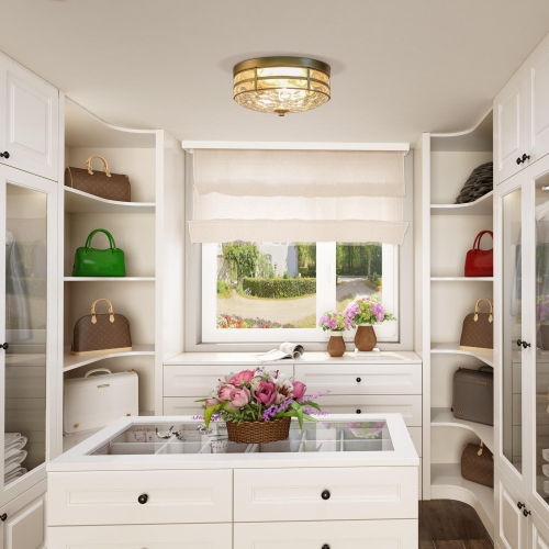 Modern Round Flush Mount Light 3-Light Gold Drum Ceiling Light with Water-Ripple Glass Shade