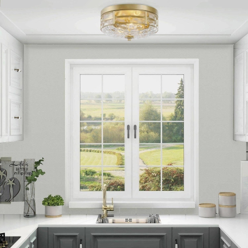 Modern Round Flush Mount Light 3-Light Gold Drum Ceiling Light with Water-Ripple Glass Shade