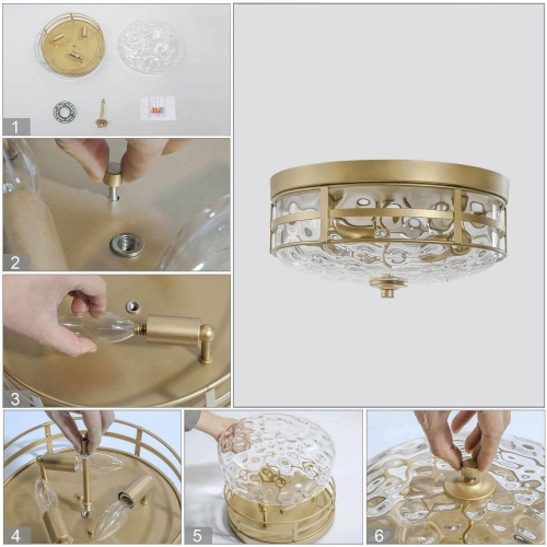 Modern Round Flush Mount Light 3-Light Gold Drum Ceiling Light with Water-Ripple Glass Shade