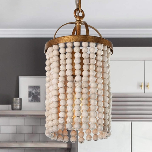 UOLFIN  Antique Gold Island Chandelier Pendant Light, Boho 3-Light Round Pendant Light With Wooden Beads In White