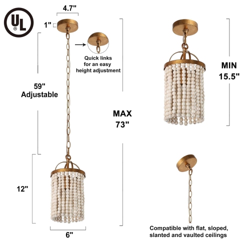 Uolfin Antique Gold Island Chandelier Pendant Light, Boho 3-Light Round Pendant Light with White Wooden Beads