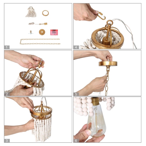 Uolfin Antique Gold Island Chandelier Pendant Light, Boho 3-Light Round Pendant Light with White Wooden Beads
