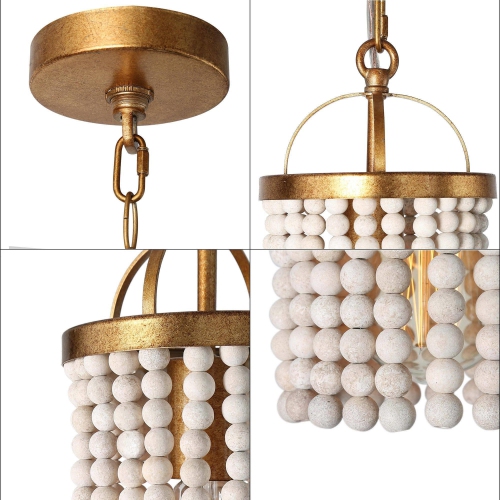 Uolfin Antique Gold Island Chandelier Pendant Light, Boho 3-Light Round Pendant Light with White Wooden Beads