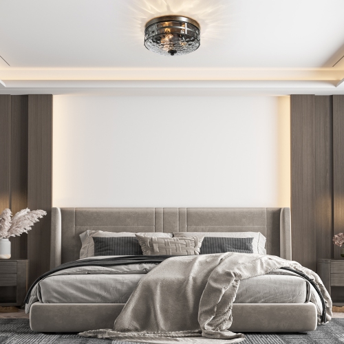 Modern Farmhouse Flush Mount Light, 3-Light Black Bronze and Wood Tone with Textured Glass LED Semi-Flush mount light