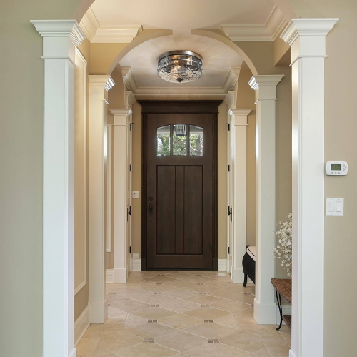 Modern Farmhouse Flush Mount Light, 3-Light Black Bronze and Wood Tone with Textured Glass LED Semi-Flush mount light