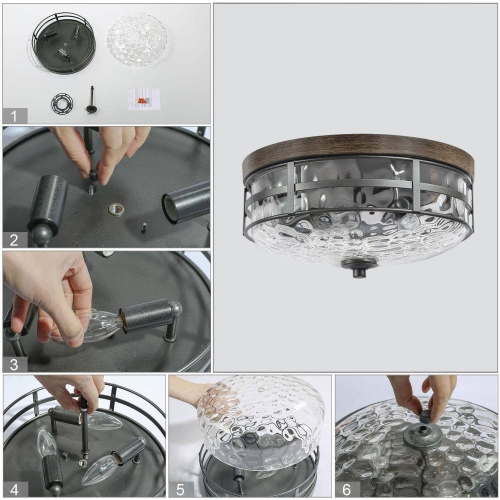 Modern Farmhouse Flush Mount Light, 3-Light Black Bronze and Wood Tone with Textured Glass LED Semi-Flush mount light