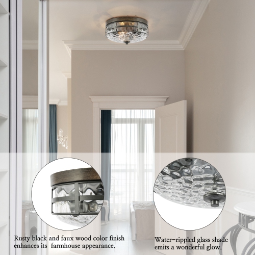 Modern Farmhouse Flush Mount Light, 3-Light Black Bronze and Wood Tone with Textured Glass LED Semi-Flush mount light