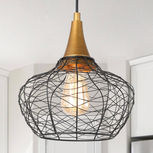 UOLFIN  Modern Kitchen Island Pendant Lighting And Antique Brushed Gold Rattan Farmhouse Lantern Led Hanging Kitchen Island Light In Black