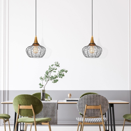 Modern Kitchen Island Pendant Lighting, Black and Antique Brushed Gold Rattan Farmhouse Lantern LED Hanging Kitchen Island Light