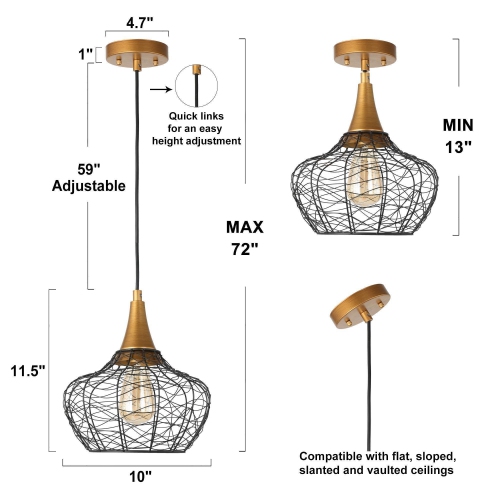 Modern Kitchen Island Pendant Lighting, Black and Antique Brushed Gold Rattan Farmhouse Lantern LED Hanging Kitchen Island Light