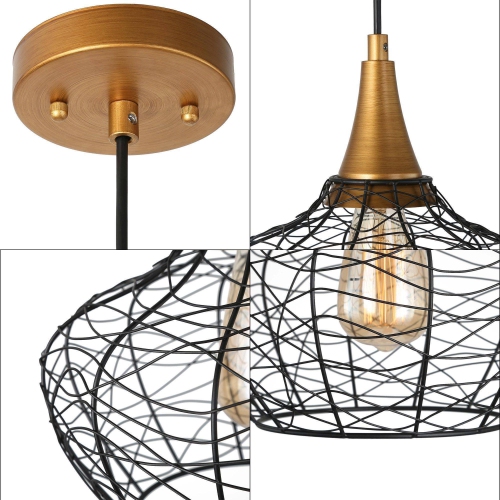 Modern Kitchen Island Pendant Lighting, Black and Antique Brushed Gold Rattan Farmhouse Lantern LED Hanging Kitchen Island Light