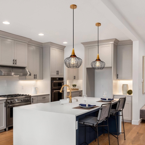 Modern Kitchen Island Pendant Lighting, Black and Antique Brushed Gold Rattan Farmhouse Lantern LED Hanging Kitchen Island Light