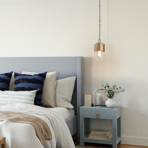 Modern Dome Kitchen Island Pendant Light, Contemporary Cylinder Pendant Light Drum Clear Glass Shade Pendant Light